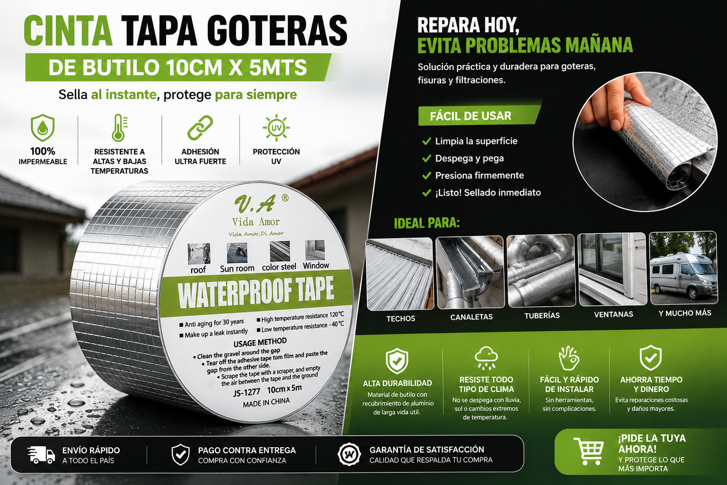 Cinta Tapa Gotera De Butilo 10cm X 5mts